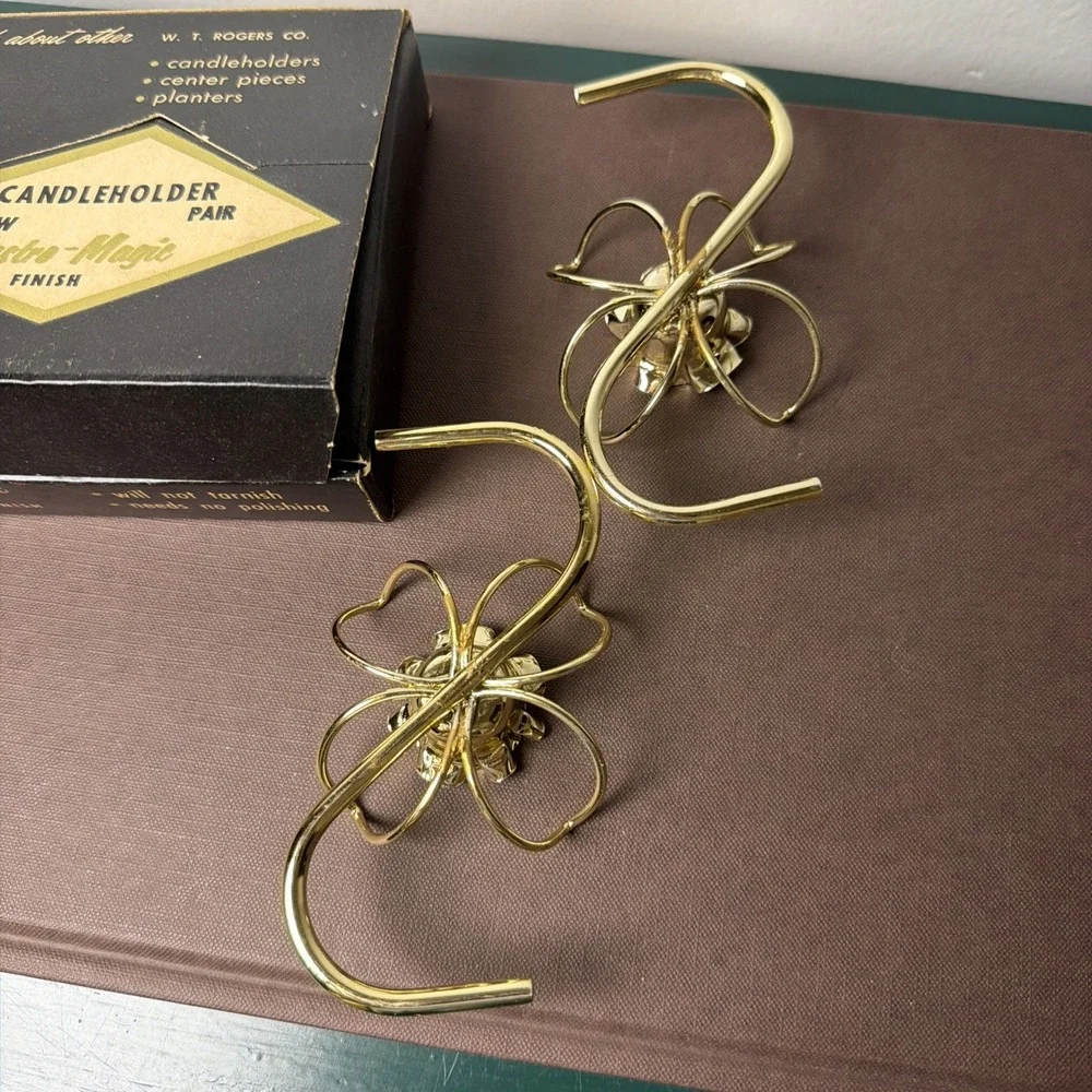 Vintage W.T. Rogers Gold Flower Lustro Magic Candle Holders MCM Boxed